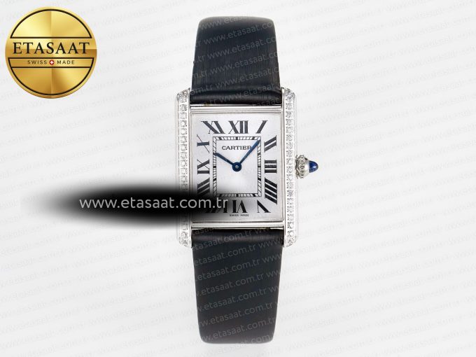 Tank Must Large SS 33.7mm DRF 1:1 Best Edition White Dial Diamonds Bezel on Black Calfskin Strap Swiss Quartz - Görsel 3