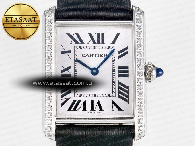 Tank Must Large SS 33.7mm DRF 1:1 Best Edition White Dial Diamonds Bezel on Black Calfskin Strap Swiss Quartz - Görsel 4