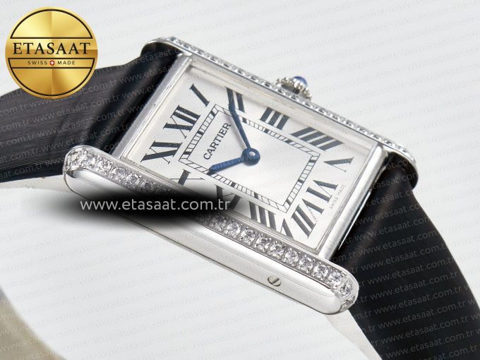 Tank Must Large SS 33.7mm DRF 1:1 Best Edition White Dial Diamonds Bezel on Black Calfskin Strap Swiss Quartz - Görsel 7